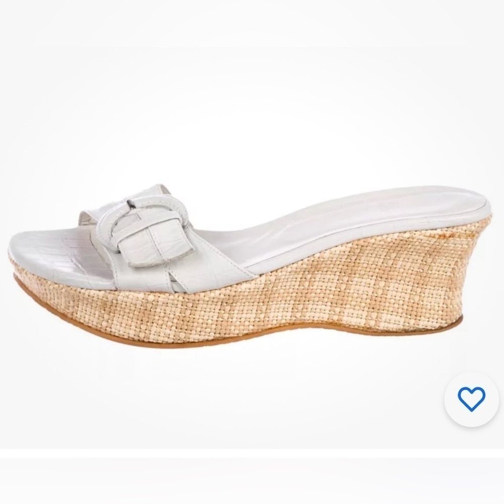 Stuart Weitzman Buckster Croc Embossed Wedge Sandal White Tan